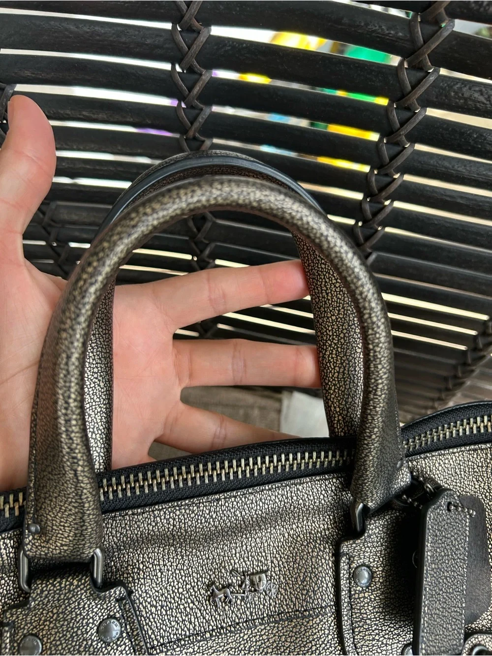 Coach Metallic Pewter Pebbled Leather Satchel with Crossbody Strap